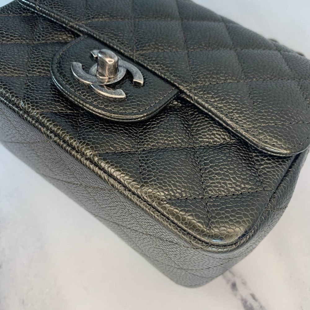 ❌❌ CHANEL 17S Metallic Charcoal Square Classic Caviar Mini Quilt Flap Bag CC RHW - Picture 9 of 17